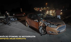 İnegöl'de otomobil ile motosikletin çarpıştığı anlar korkuttu